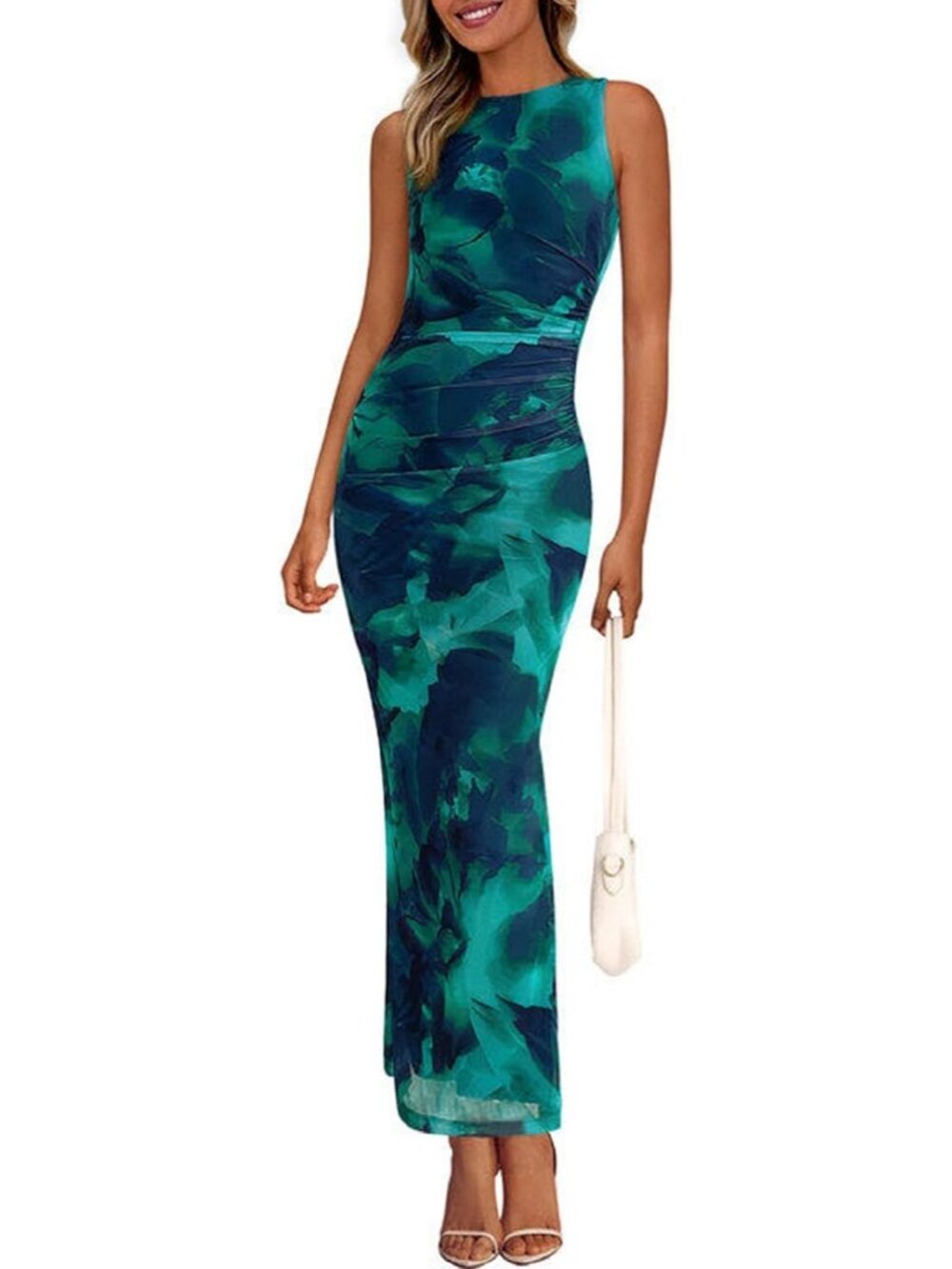 Women's Lake Blue Floral Polyester Elastane Mesh Sleeveless Bodycon Long Dress